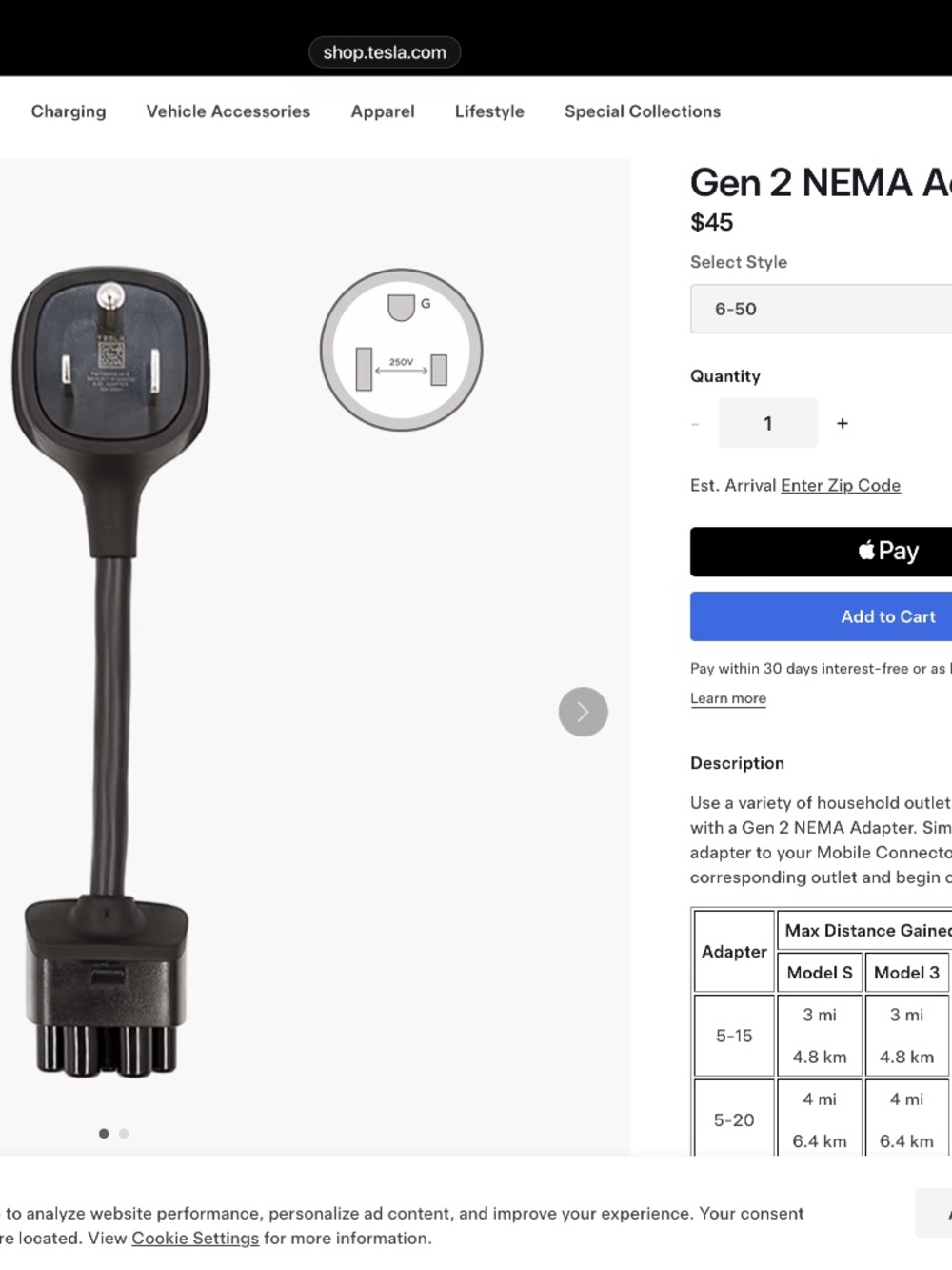 Tesla original Gen 2 NEMA Adapter. Style: 6-50